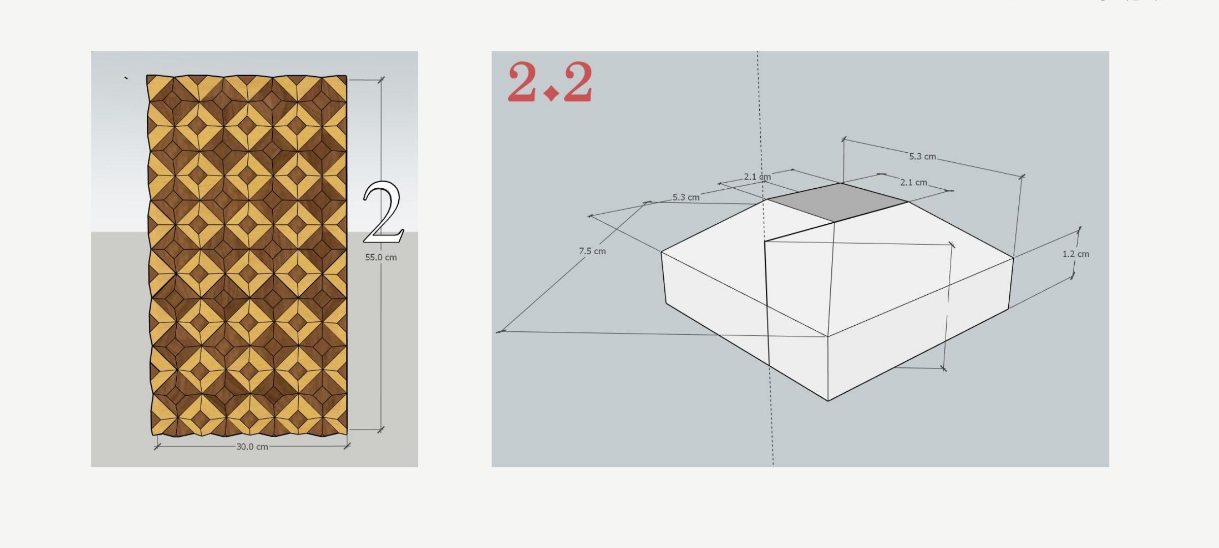 Detail #2 drawing: diamond ornament pilaster panel, 30 × 55 cm, two wood species, 45 degree cut angle