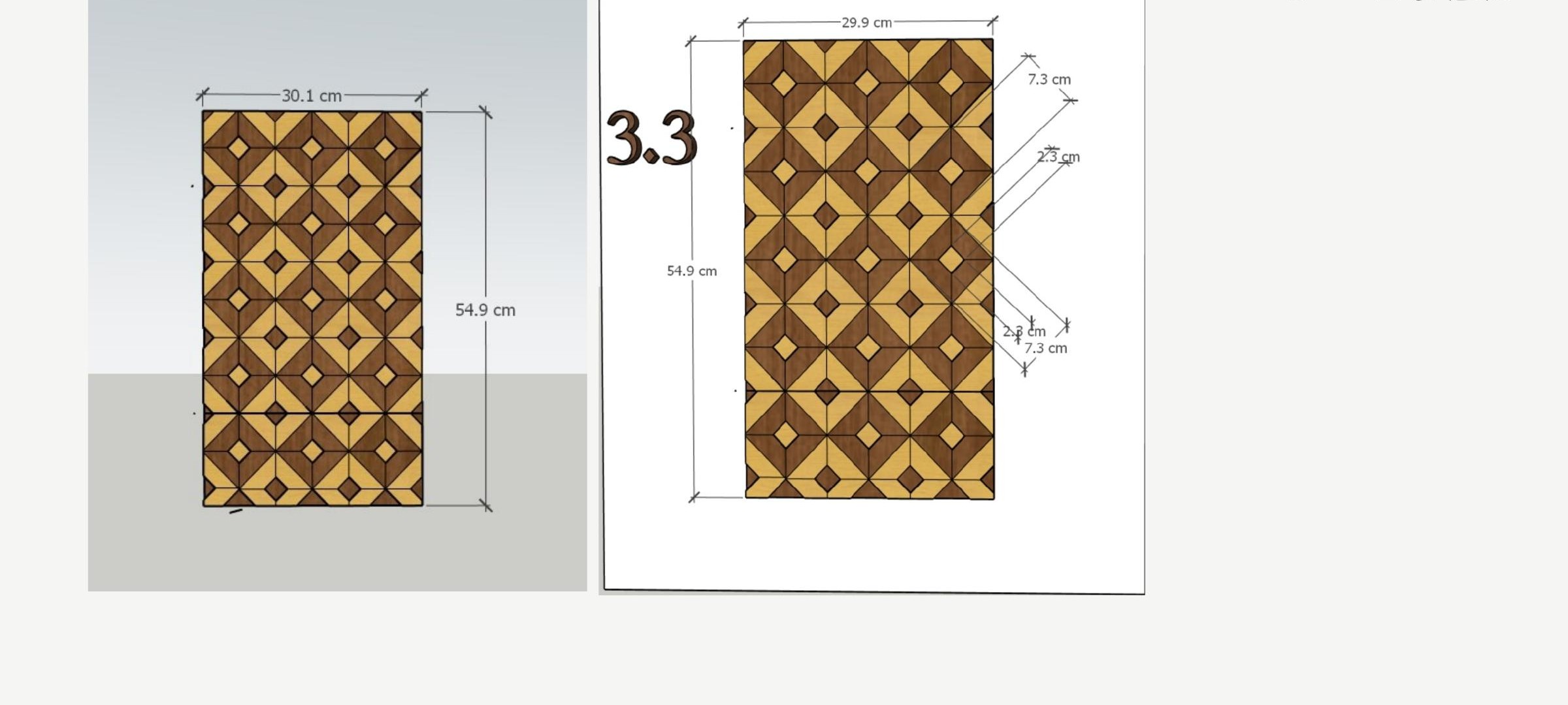 Detail #3 drawing: dense octagonal marquetry pattern, 29.9 × 54.9 cm panel with 7.3 × 2.3 cm elements
