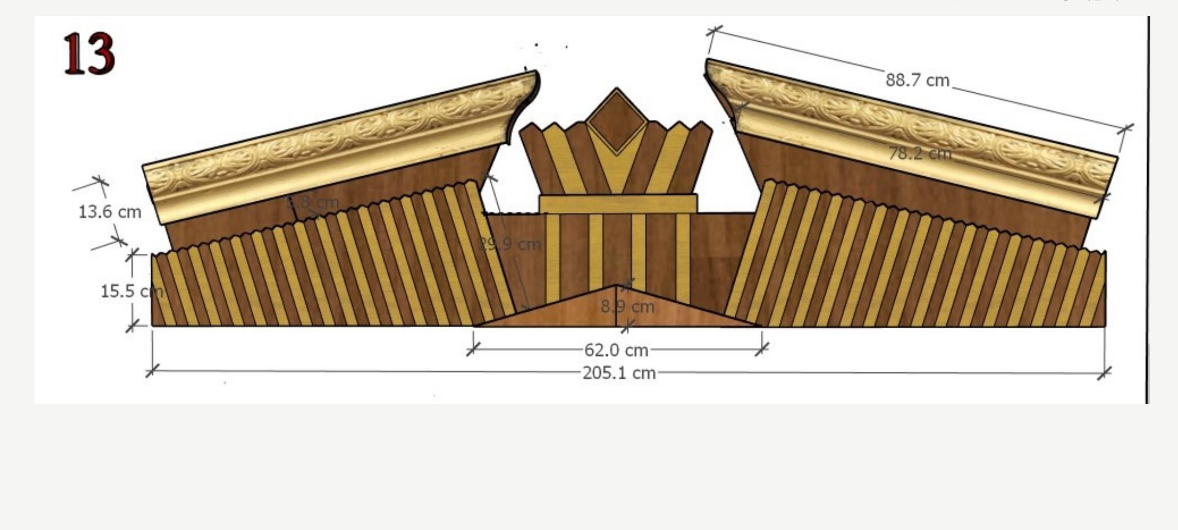 Detail #13 drawing: broken pediment, width 205.1 cm, cornice 88.7 cm, gilded ornamental frieze