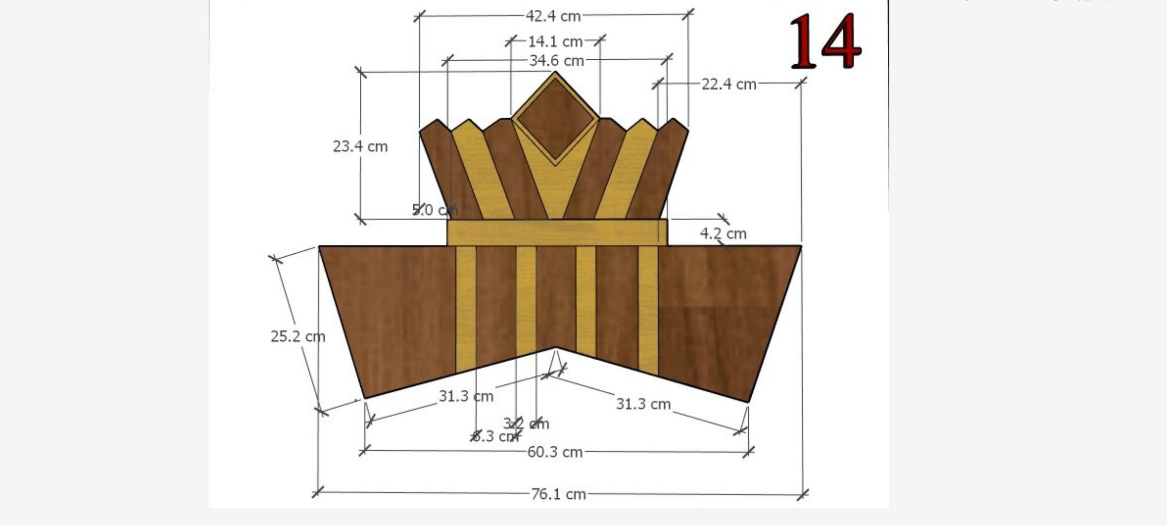Detail #14 drawing: Aron Kodesh crown, width 76.1 cm, peak height 23.4 cm, wings 31.3 cm each