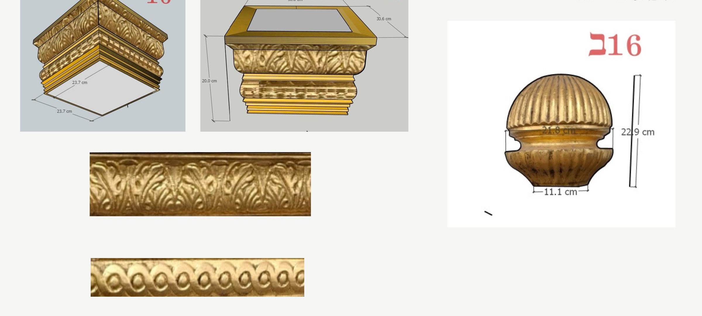 Detail #16 drawing: column capital with acanthus ornament and finial ball, capital 23.7 × 23.7 cm, ball diameter 21.8 cm