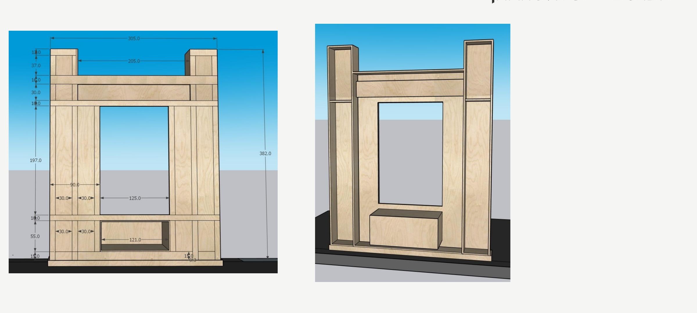 Aron frame detail, 382 cm tall when disassembled, front view and isometric drawing