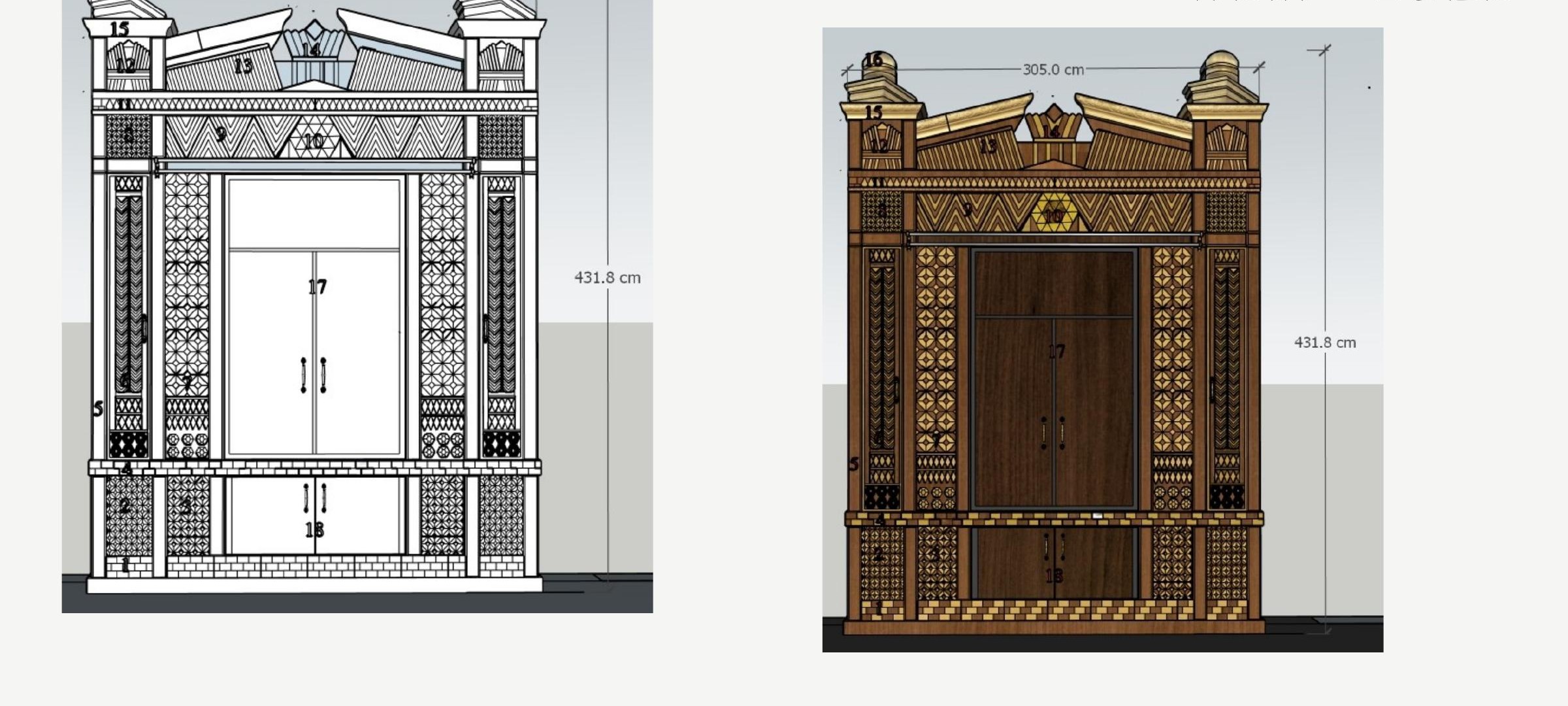 Measured drawing showing overall dimensions and front elevation of the Aron Kodesh replica, 305 × 431.8 cm