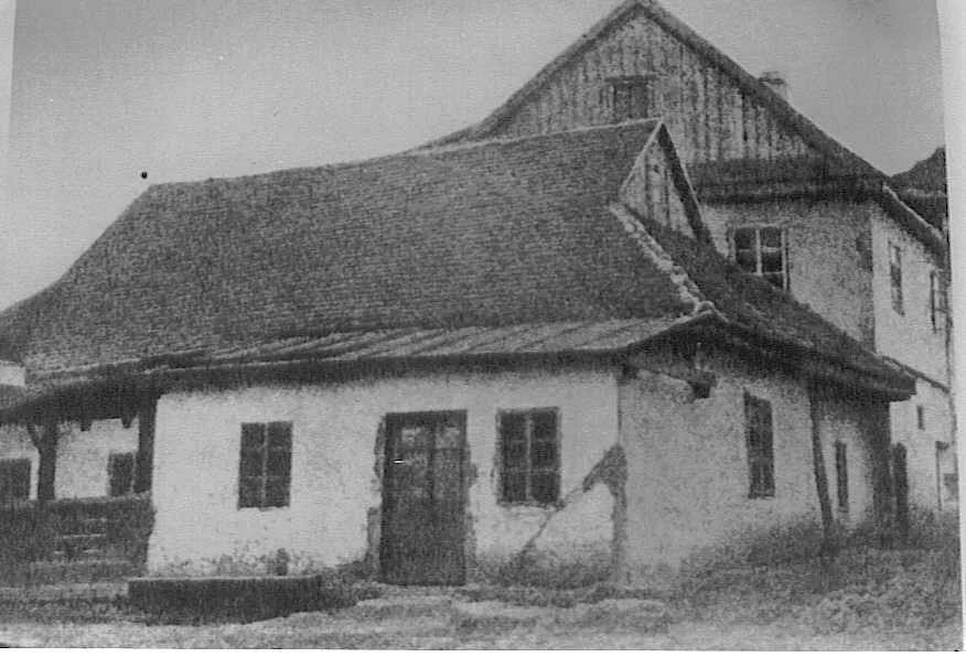 Archival photograph of the interior of the Baal Shem Tov's beit midrash in Medzhybizh before restoration
